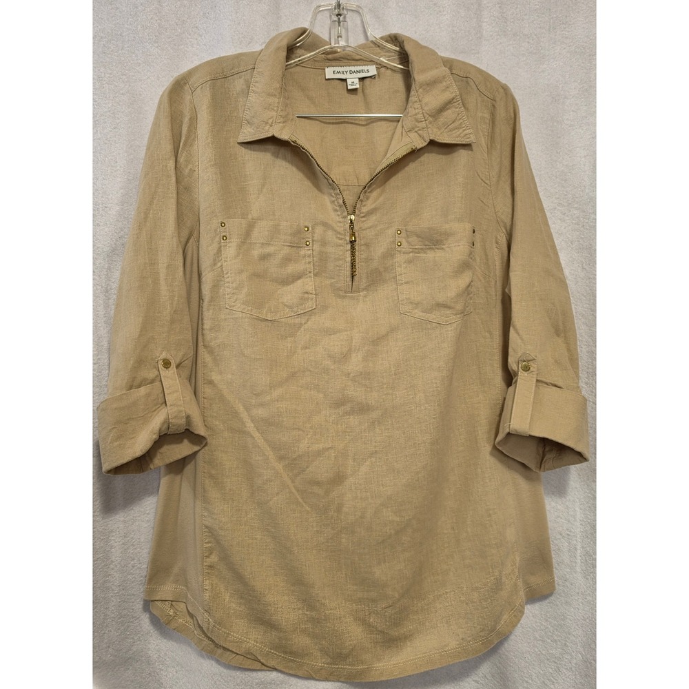 Emily Daniels Womens Tan Linen Blend Quarter Zip Roll Tab Utility Top Size M